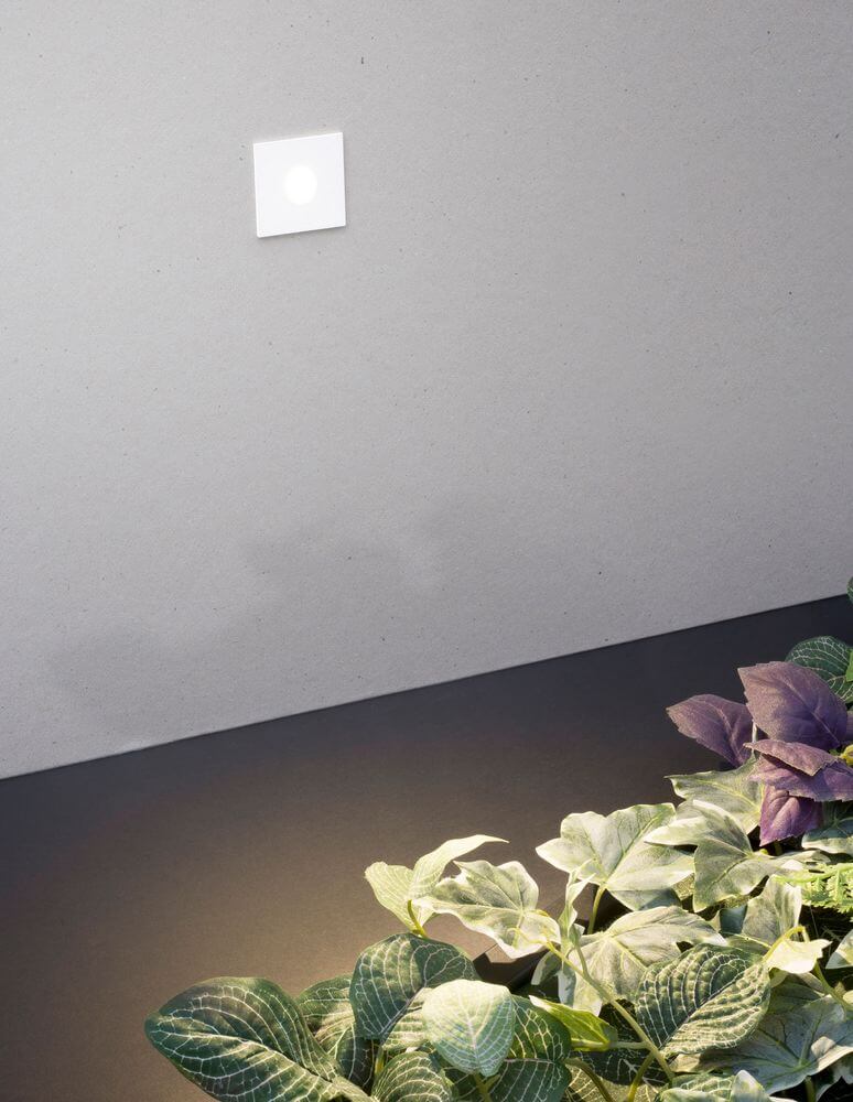 Passagio LED Außenwandeinbauleuchte Quadratisch Rund 3000K Weiß IP54 an einer Wand mit grünen Pflanzen.