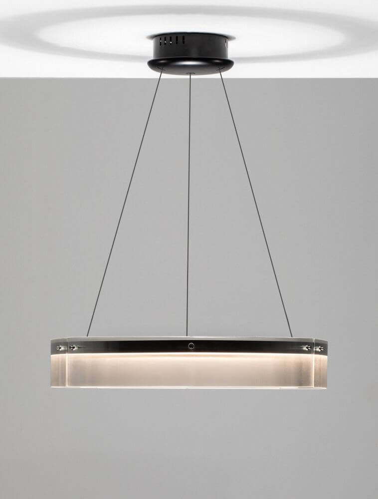 Pauline LED Pendelleuchte 3000K Schwarz über einem hellen Hintergrund, modernes Design mit sanft gebogenem Glas.