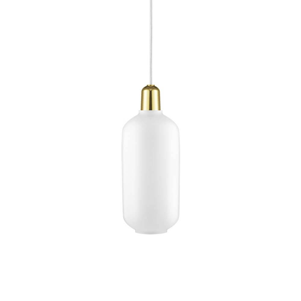 Pendellampe Amp L Weiß, Messing mit eleganter Glühbirne und transparentem Glasdesign.