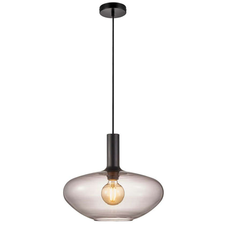 Pendelleuchte Alton 35 aus rauchfarbenem Glas mit eleganter runder Form und schwarzem Detail.