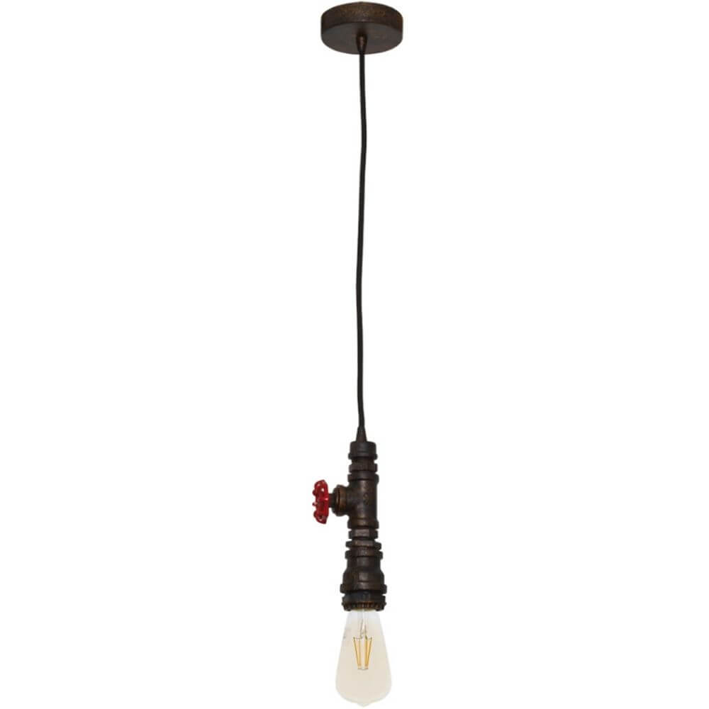 Pendelleuchte Amarcord Rostfarben mit rustikalem Design und roter Ventil-Details.