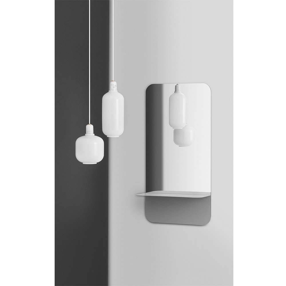 Pendelleuchte Amp L Weiß mit Spiegel und schwebendem Regal, modernes Design mit eleganten Formen