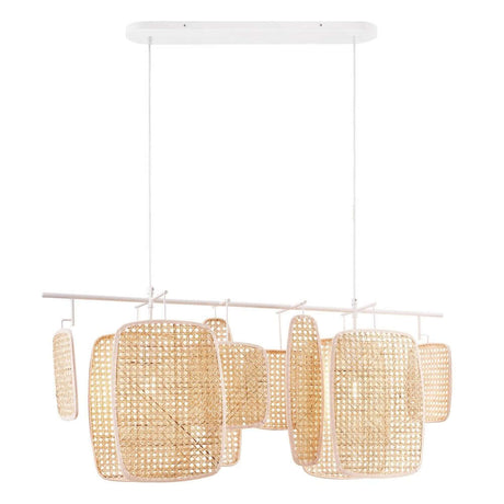 Bali elongated pendant light made of rattan with multiple cages for stylish lighting.