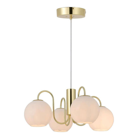 Franca pendant light with elegant design, white glass domes, and shimmering brass for stylish lighting.