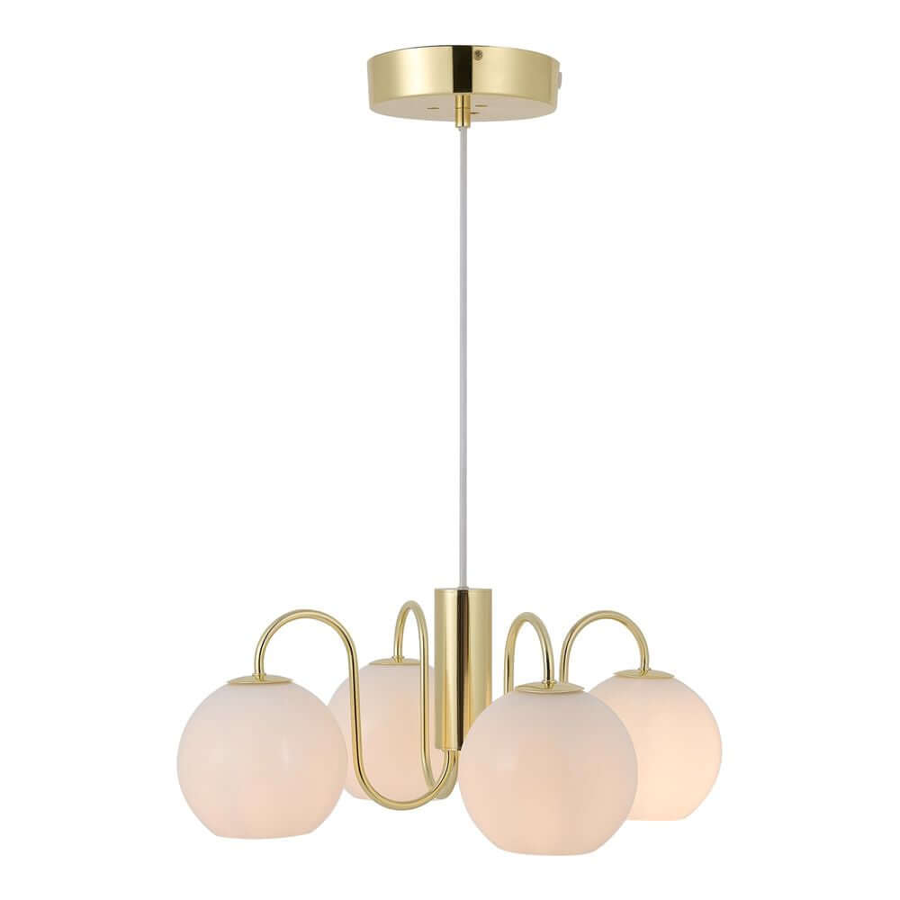 Pendelleuchte Franca mit eleganten weißen Glaskuppeln und glänzendem Messingdesign.