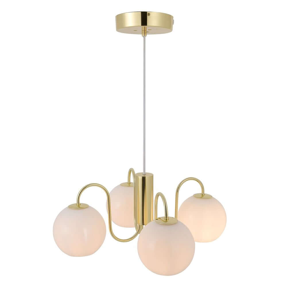 Pendelleuchte Franca mit eleganten weißen Glaskuppeln und glänzendem Messingdesign.