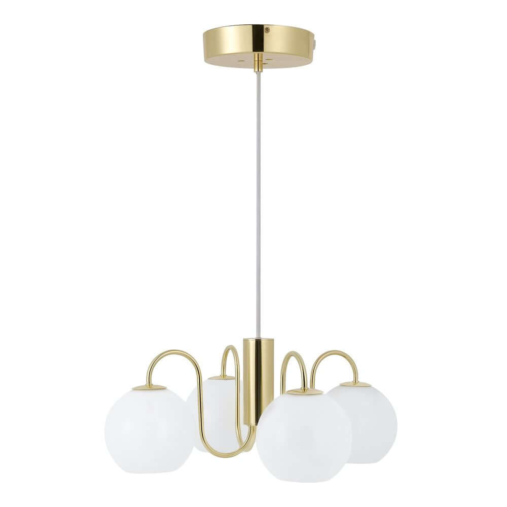 Pendelleuchte Franca mit elegantem Design und weißen Glaskuppeln, glänzendem Messing und Vintage-Details.
