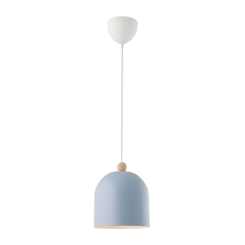 Pendelleuchte Gaston in sanftem Blau mit Holzdetail, ideal für Spiel- oder Kinderzimmer.