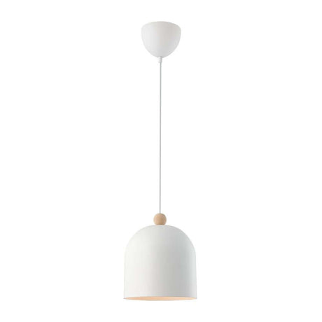 Pendelleuchte Gaston in Weiß mit Holzdetail, ideal für Spiel- und Kinderzimmer, schnörkellos und modern.