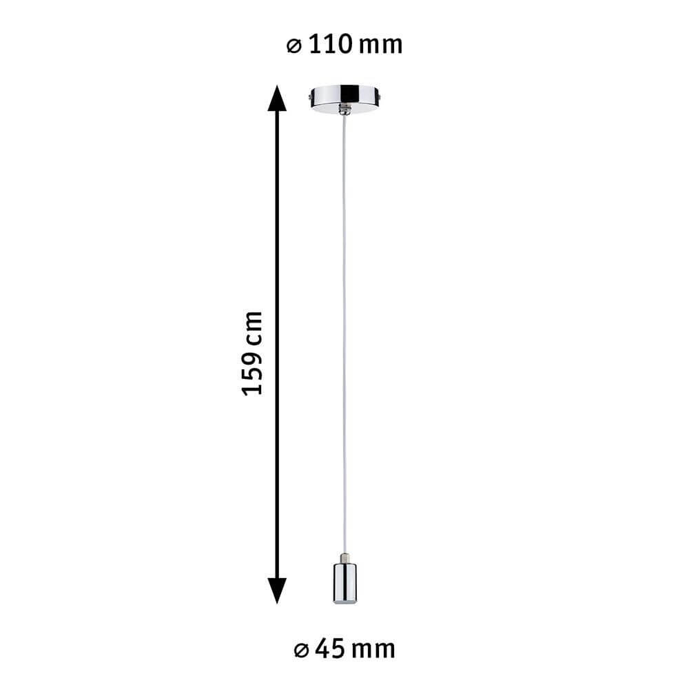 Maße der Pendelleuchte Larus Chrom: Durchmesser 110 mm, Höhe 159 cm, Fassung Durchmesser 45 mm.