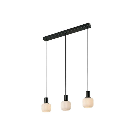 Milford Mini 3-Rail pendant light with opal white glass spheres and a black metal frame