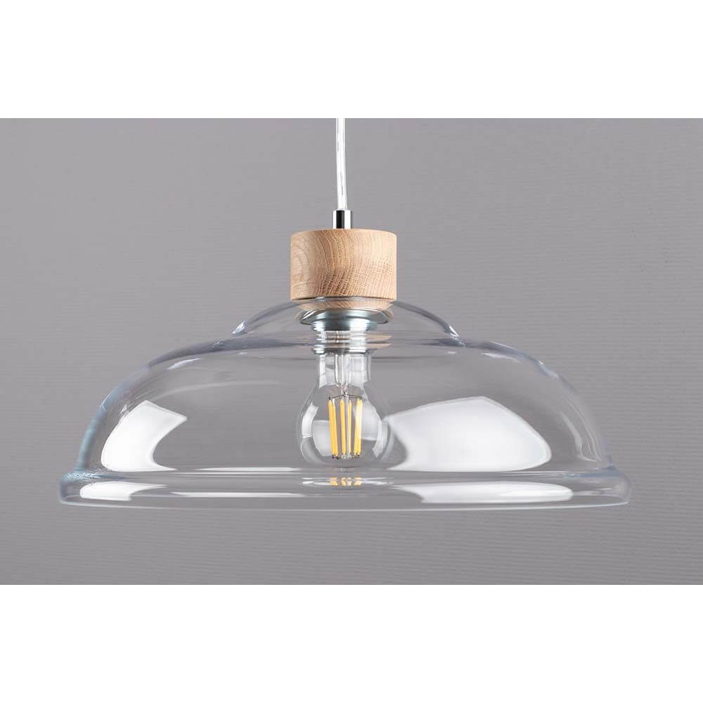 Pendelleuchte Molde Eiche-Geölt, Transparent mit klarem Glasschirm und Holzdetails.