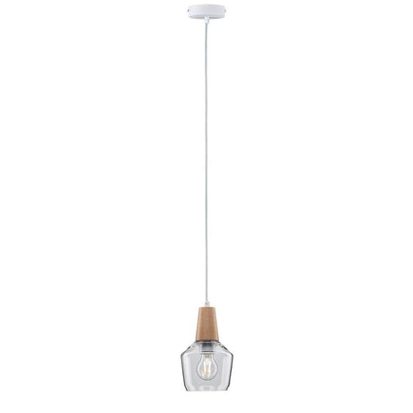 Pendelleuchte Neordic Yva mit klarem Glas und Holzdetails für skandinavischen Stil, ideal mit dimmbaren Leuchtmitteln.