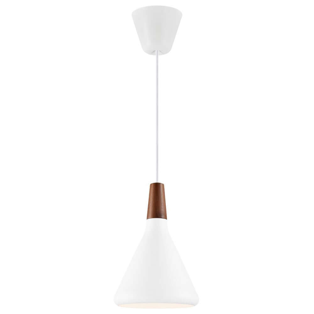 Pendelleuchte Nori 18 mit weißem Lampenschirm und Holzdetails, ideal für modernes Interieur.
