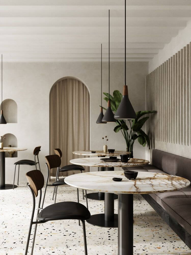 Pendelleuchte Nori 18 im modernen Restaurant mit elegantem Interieur und skandinavischem Design.