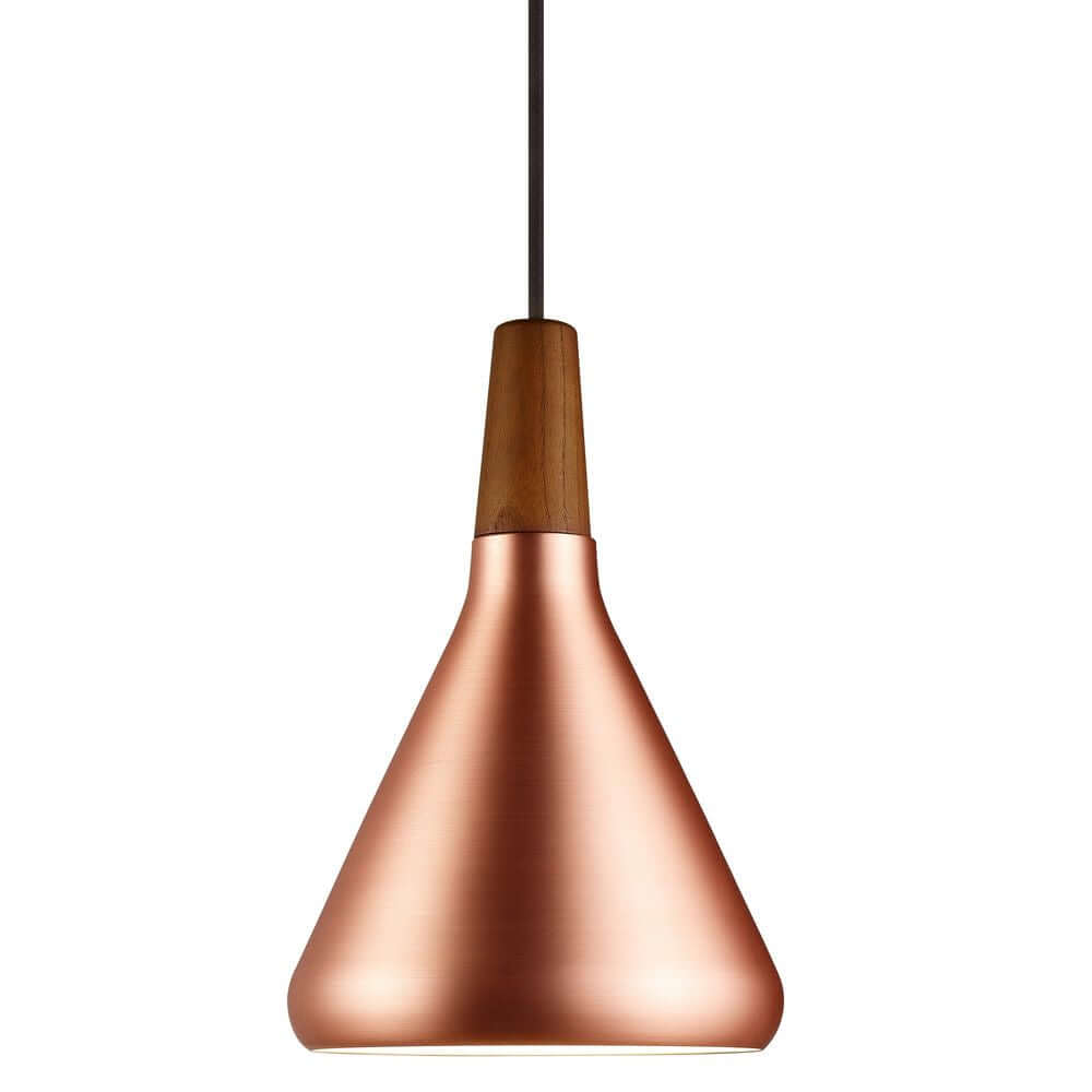 Pendelleuchte Nori 18 aus Kupfer mit Holzdetails, nordisches Design, minimalistisch und elegant.