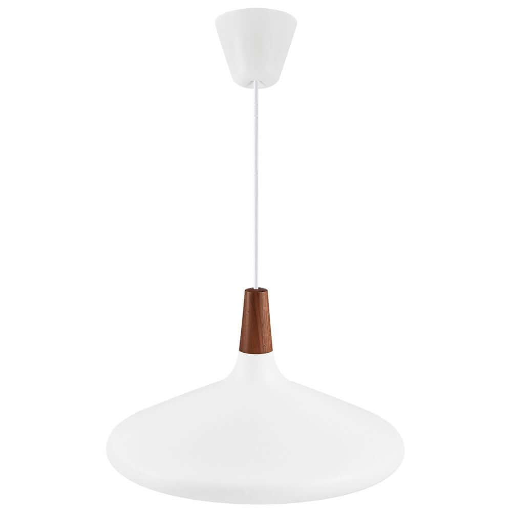 Pendelleuchte Nori 39 in weiß mit geöltem Nussbaumholz, minimalistisch und elegant.