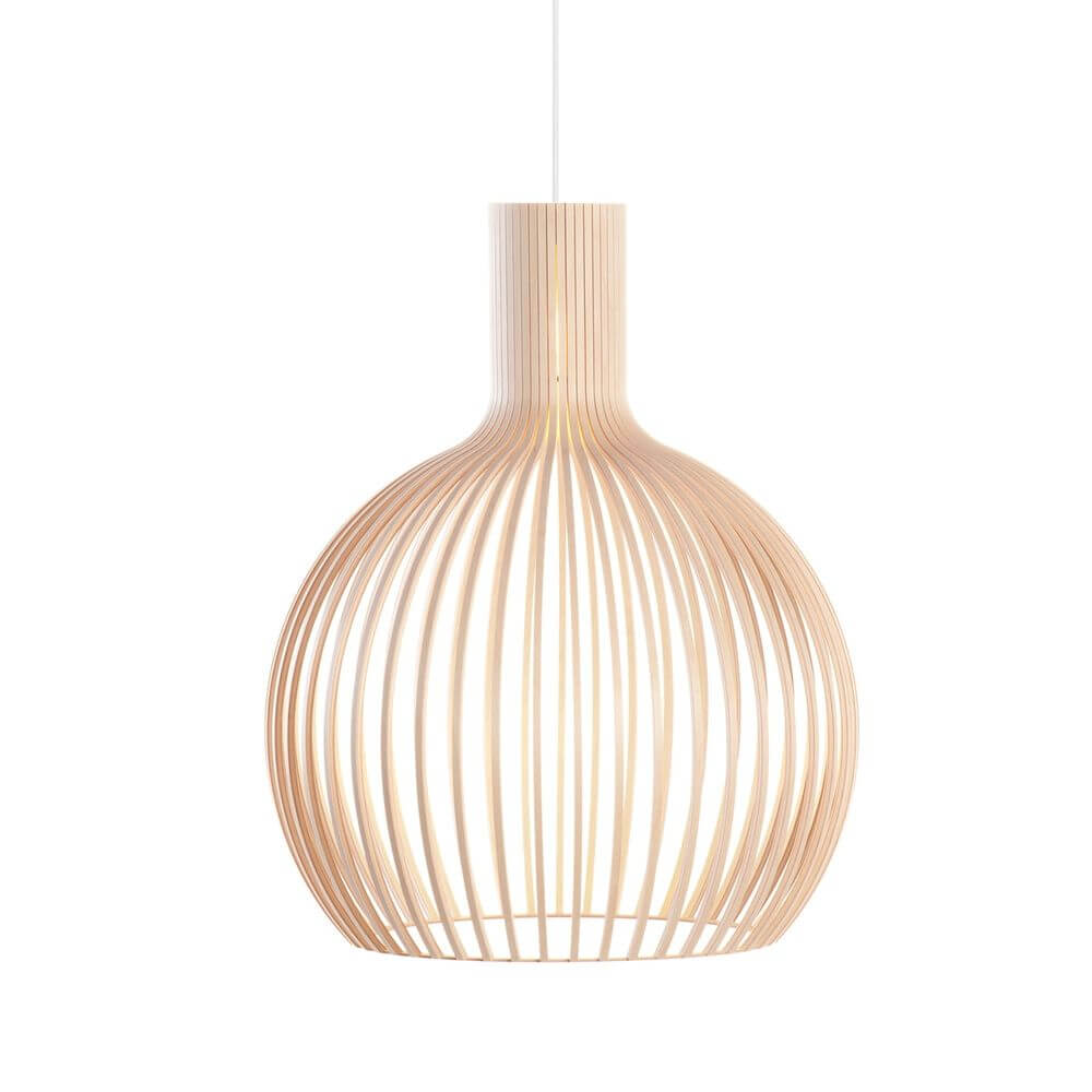Pendelleuchte Octo Small 4241 aus Holz Ø 45cm mit gebogenen Holzleisten aus finnischem Birkenholz.