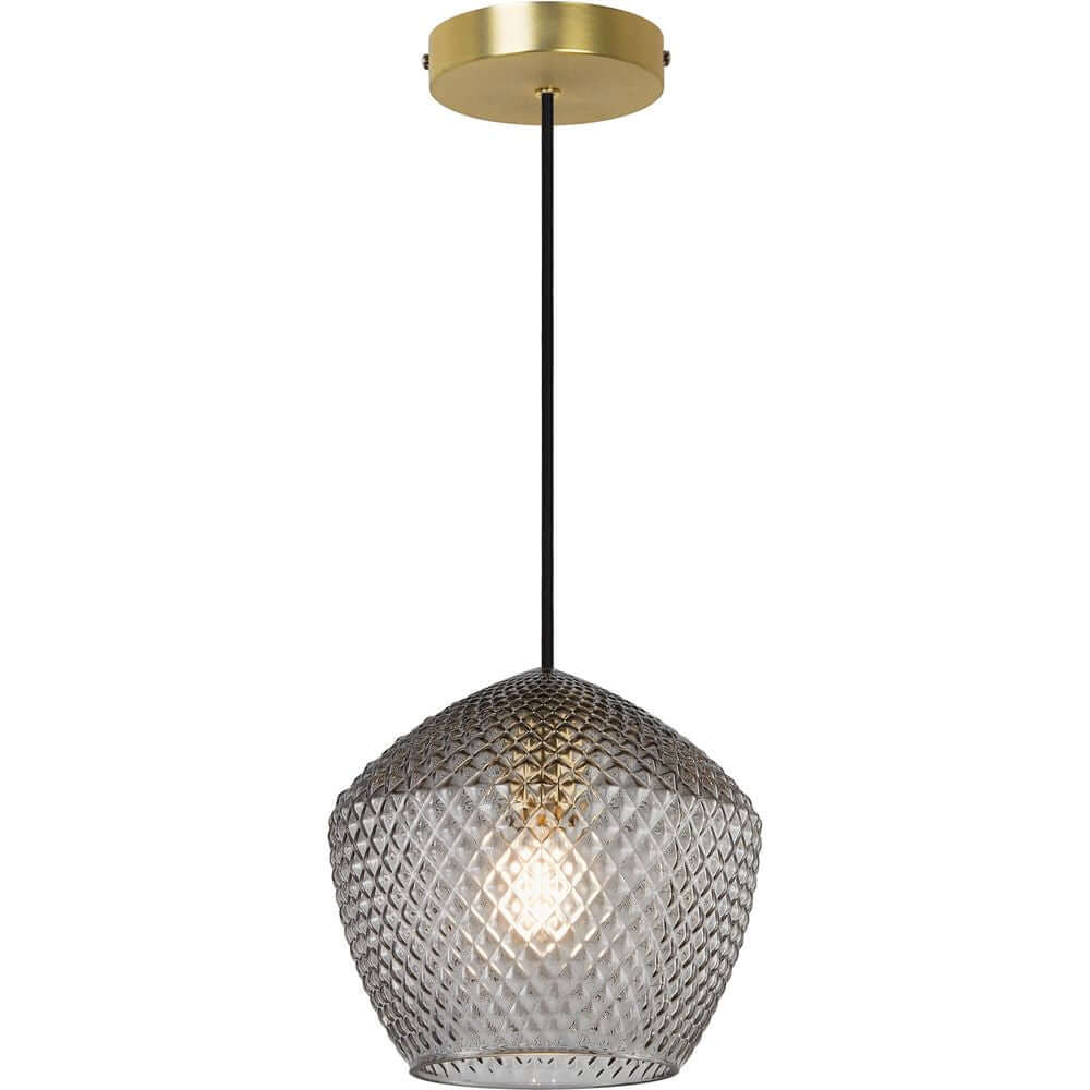 Pendelleuchte Orbiform aus gebürstetem Messing mit gläserner Pentagonform und Diamantenmuster.