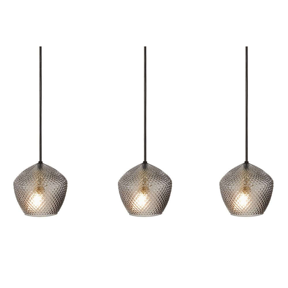 Pendelleuchte Orbiform 3-Spot mit dekorativem Diamantenmuster und gebürstetem Messing.