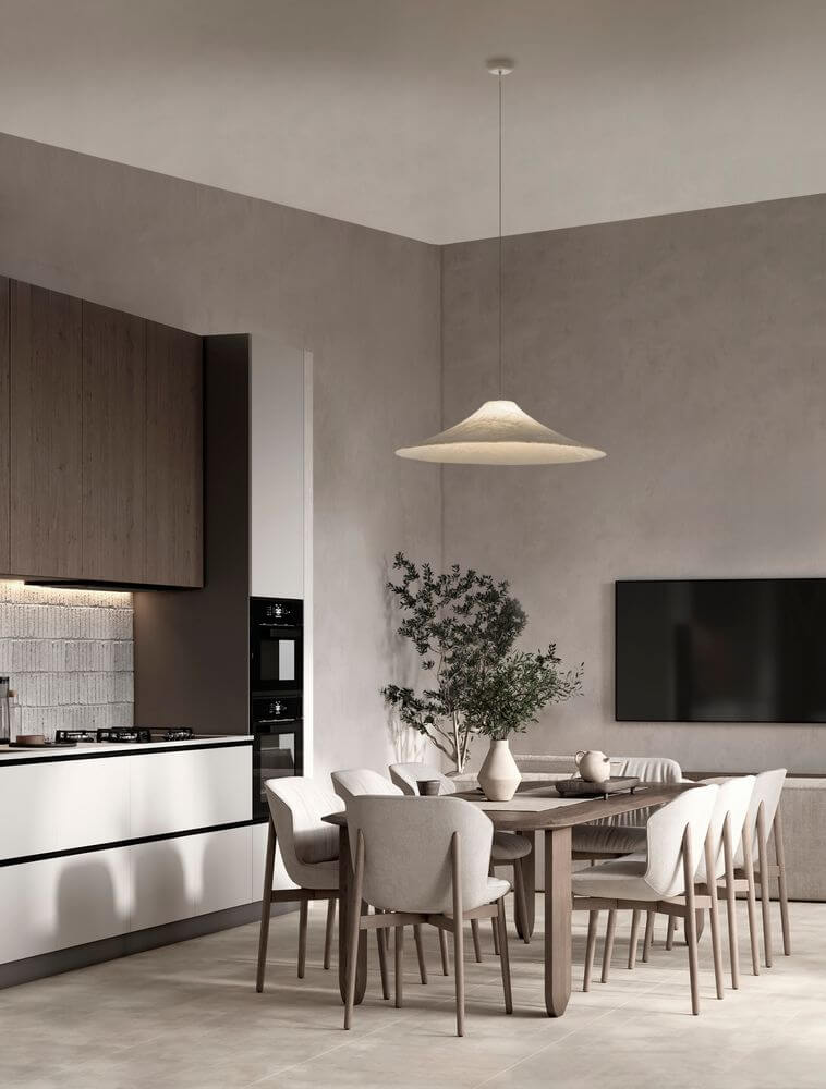 Pendelleuchte Pendelleuchte Weiß in modernem Essbereich mit Holz-Tisch und eleganten Stühlen.