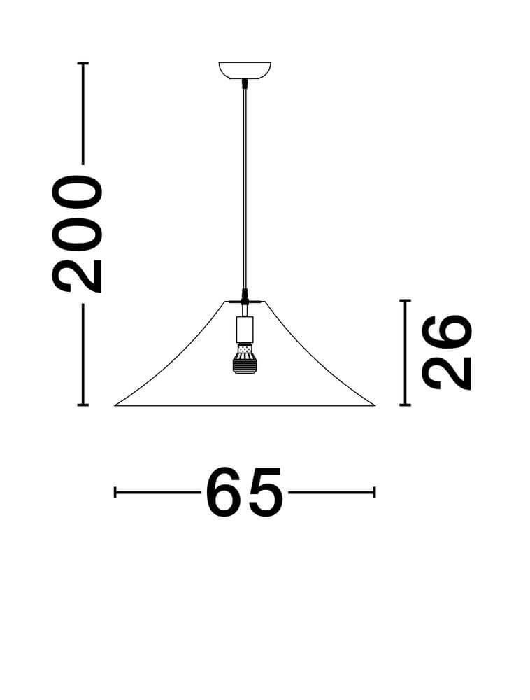Pendelleuchte Pendelleuchte Weiß, technische Zeichnung mit Maßen 200 cm hoch, 65 cm breit und 26 cm tief.