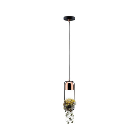 Taklampe plantebelysning Neordic Fanja svart, kobber med en potteplante i Urban Jungle-stil.