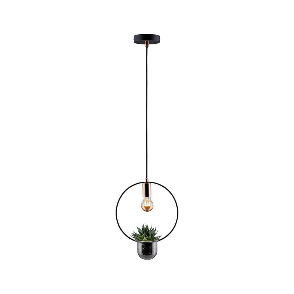 Pendelleuchte Pflanzenleuchte Neordic Tasja Schwarz, Kupfer mit Pflanzentopf und dekorativem Leuchtmittel im Urban Jungle Stil.