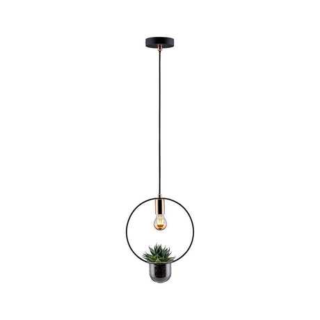 Taklampe planteleke Neordic Tasja Svart, kobber med plantepotte og dekorativ lyskilde i Urban Jungle-stil.