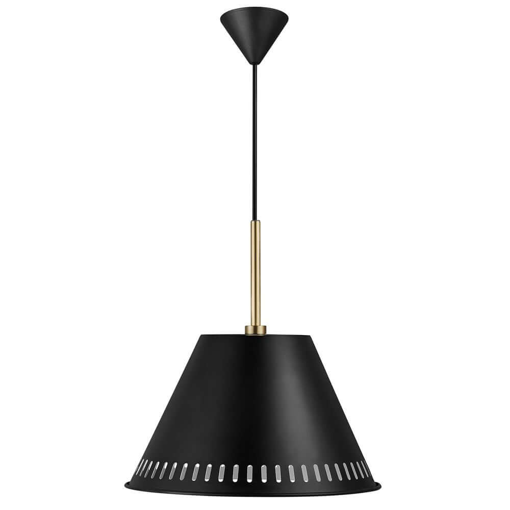 Elegante Pendelleuchte Pine mit schwarzem Lampenschirm und goldenen Details, perfekt für moderne Interiors.