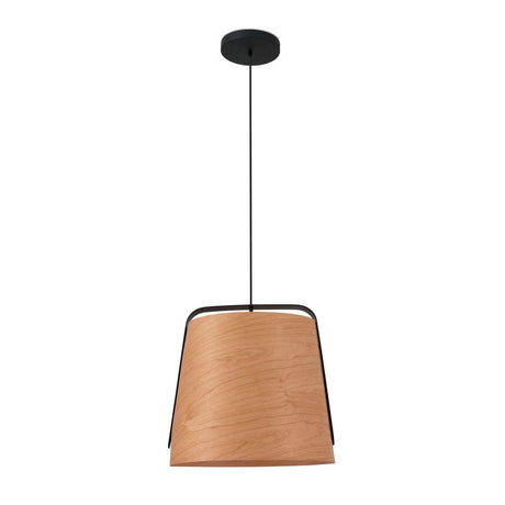 Pendelleuchte STOOD Schwarz, Braun mit Holzschirm und schwarzem Aufhängungskabel.