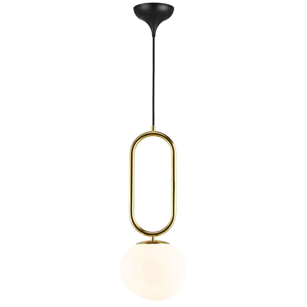 Pendelleuchte Shapes 27 mit opalglänzendem Glasschirm und glänzendem Messingfuß.