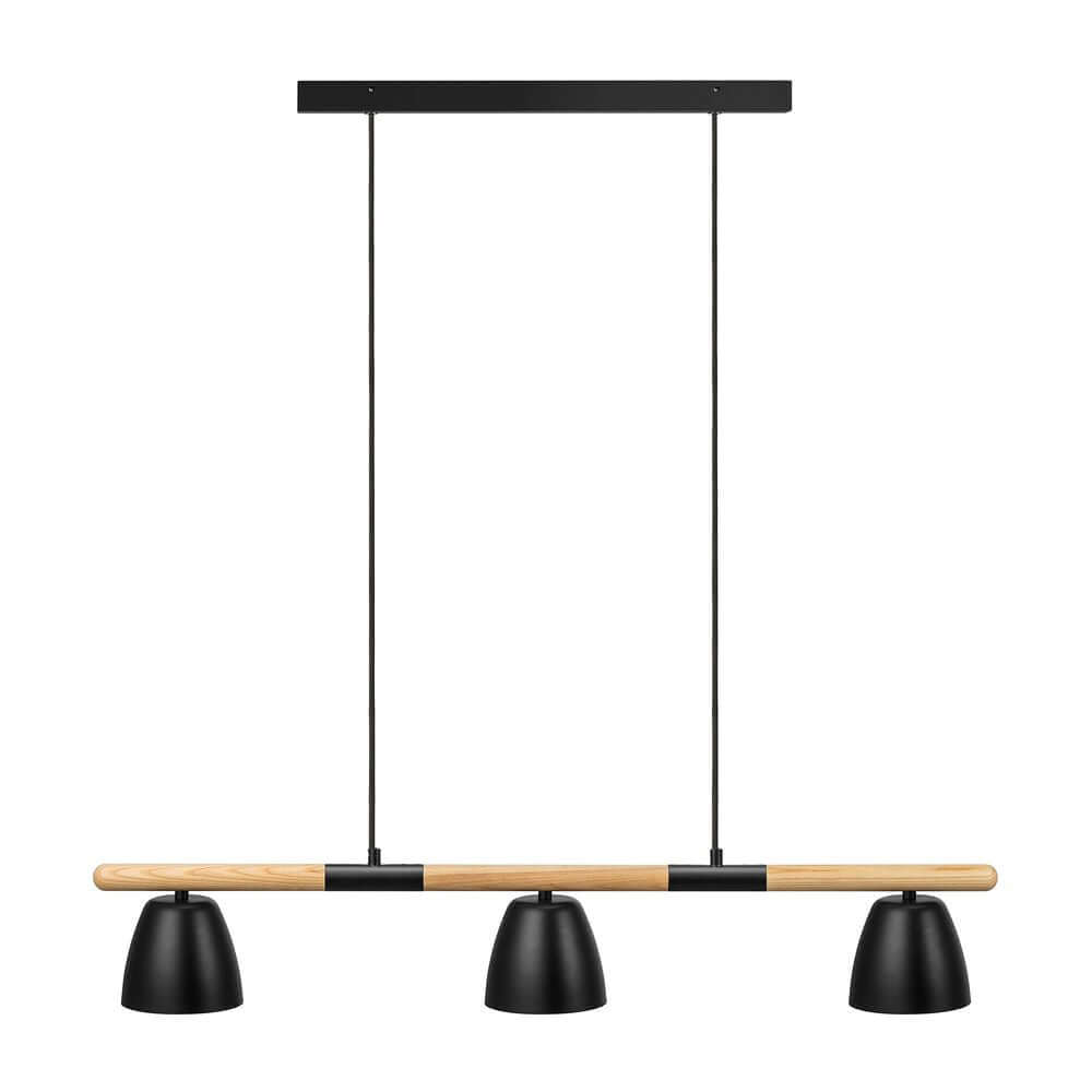 Pendelleuchte Theo aus Holz und Metall mit drei Lampenschirmen für modernes Esszimmer-Ambiente.
