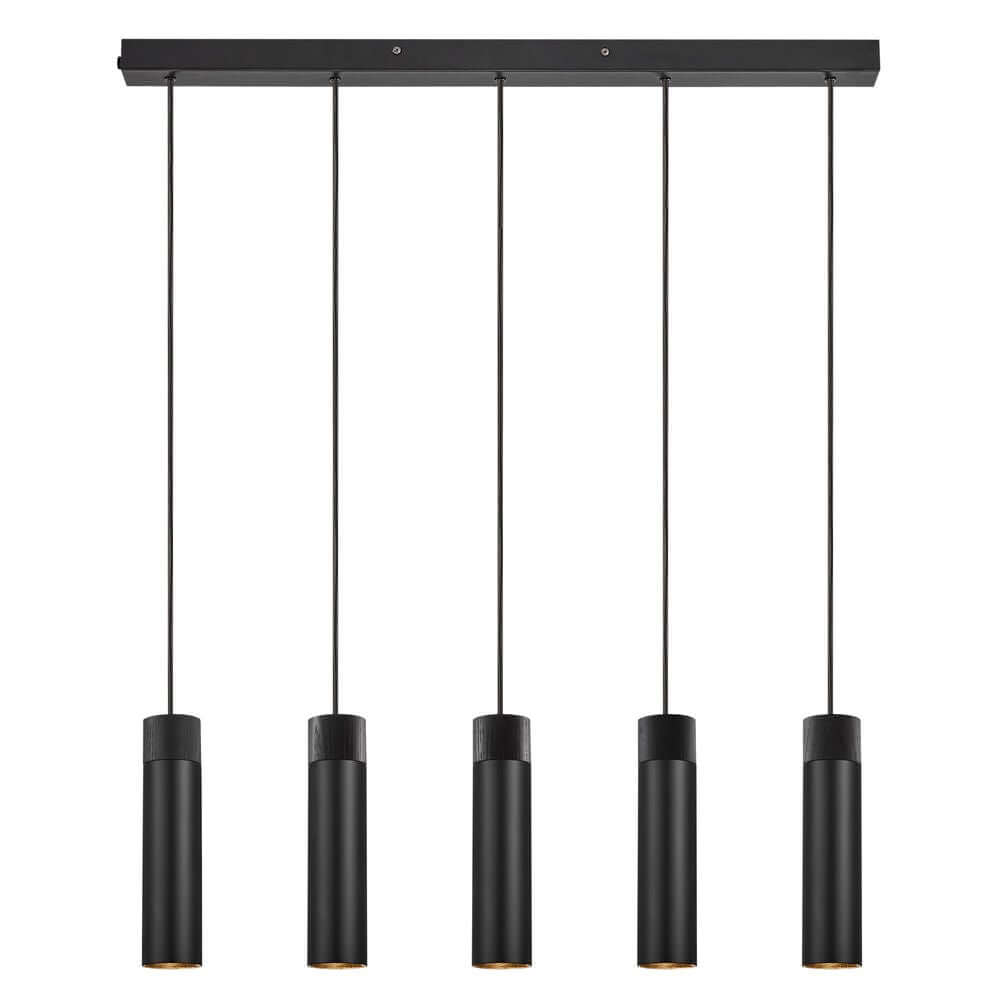 Pendelleuchte Tilo 5-Spot in schwarzem Metall mit minimalistischer Eleganz und fünf nach unten gerichteten Lampenköpfen.