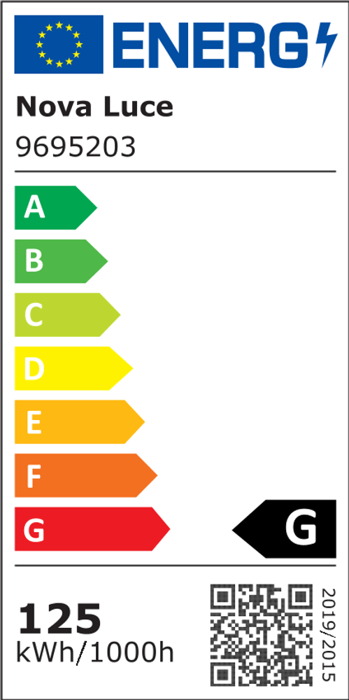 Energetisches Etikett der Nova Luce Perla LED Pendelleuchte 55-flammig Ø 118cm 3000K Gold mit Energieeffizienzklasse G.