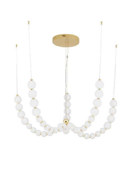 Perle LED Pendel 55 pærer Ø 118cm 3000K guld med elegant opalglas og guldfarvet metal.