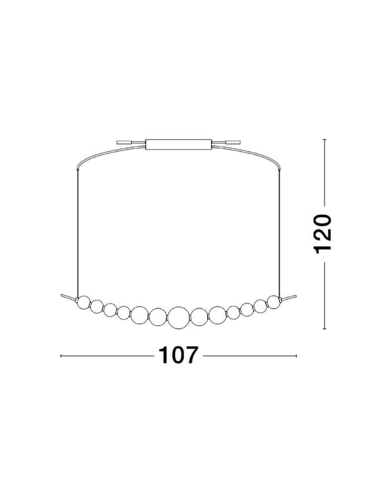 Perla LED Pendelleuchte Tiefbogen 13-flammig 3000K technische Zeichnung mit Maßen 107 cm x 120 cm.