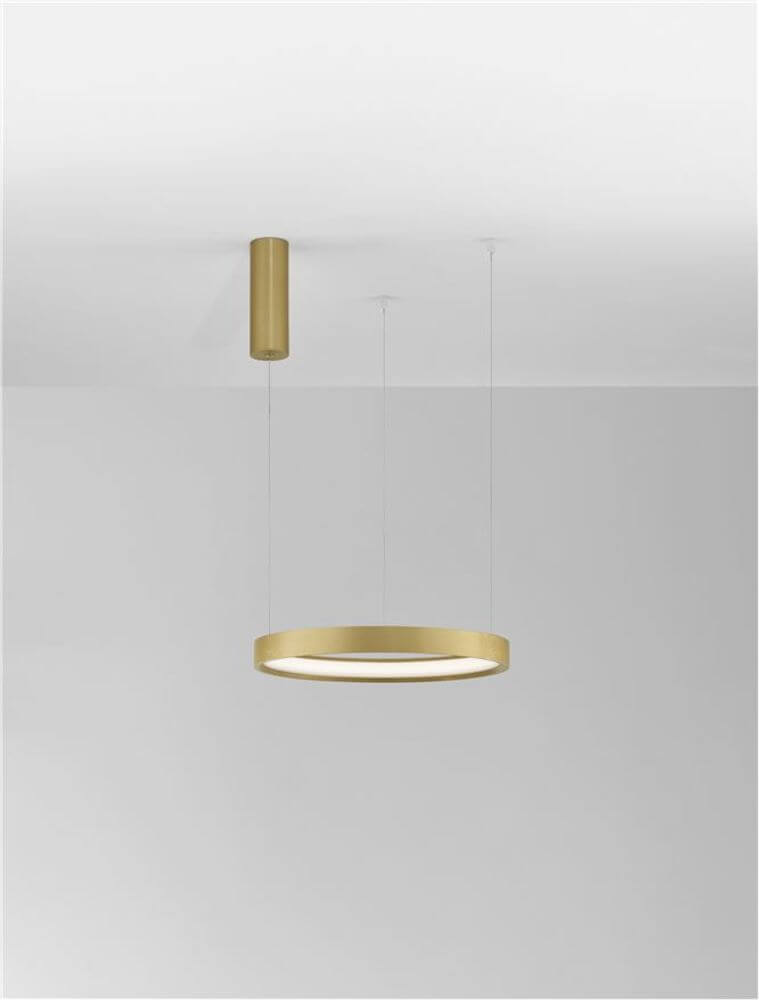 Alt Tag: Perrine LED Pendelleuchte Ø 40cm 3000K goldener Leuchtring aus gebürstetem Aluminium, minimalistisches Design über Esstisch oder Büro