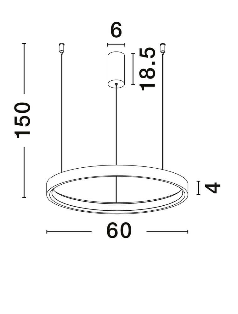 Perrine LED Pendelleuchte Ø 60cm 3000K – technische Zeichnung mit Abmessungen 60cm Durchmesser, 150cm Höhe, 4cm Profilhöhe
