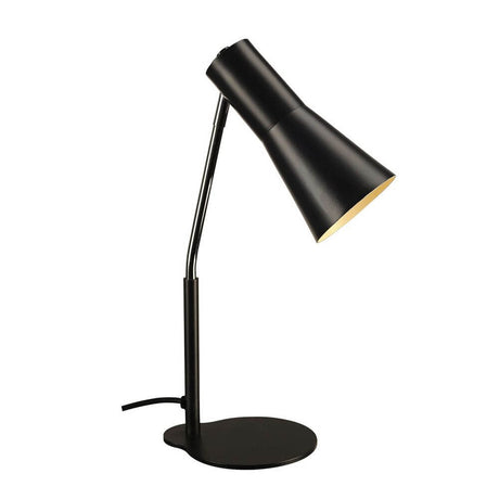 Phelia bordlampe sort med en elegant konisk lampeskærm af aluminium og stål.