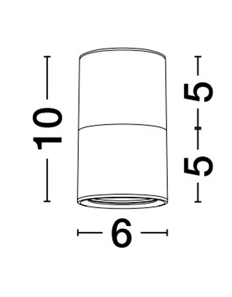 Alt Tag: Picto Deckenleuchte GU10 Ø 6cm Schwarz, Gold – technische Zeichnung mit Abmessungen 10x6 cm, zylindrische Deckenleuchte, schwarz-goldenes Design