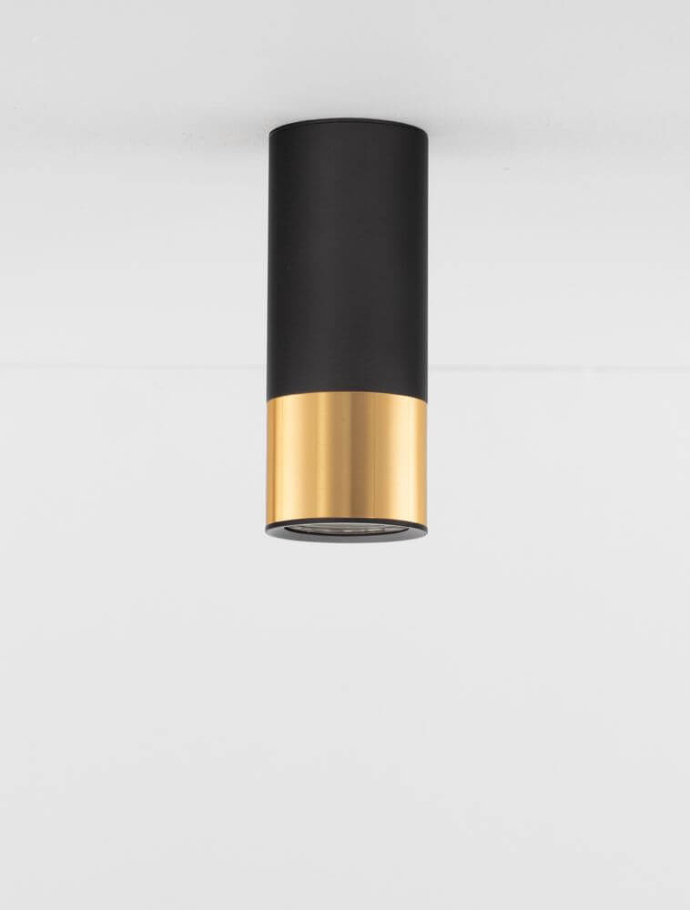 Alt Tag: Picto Deckenleuchte GU10 Ø 6cm Schwarz, Gold minimalistischer schwarzer Zylinder mit goldener Spitze, warmweißes LED-Deckenlicht