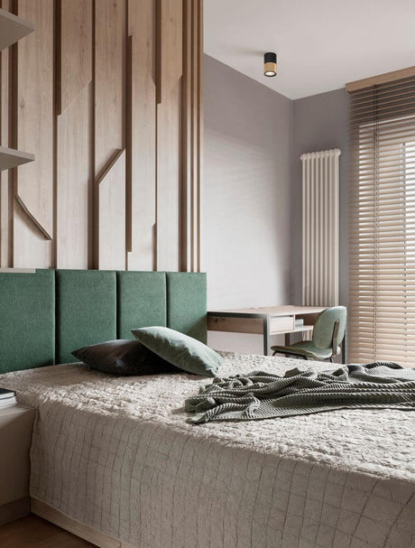 Picto ceiling light GU10 Ø 6cm Black, Gold above a modern bedroom with a green headboard and warm white light