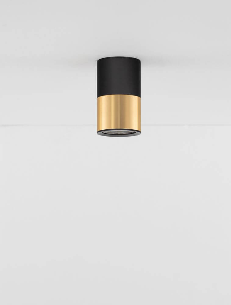 Alt Tag: Picto Deckenleuchte GU10 Ø 6cm Schwarz, Gold – minimalistische Deckenlampe aus schwarz-goldenem Aluminium mit warmweißem LED-Licht