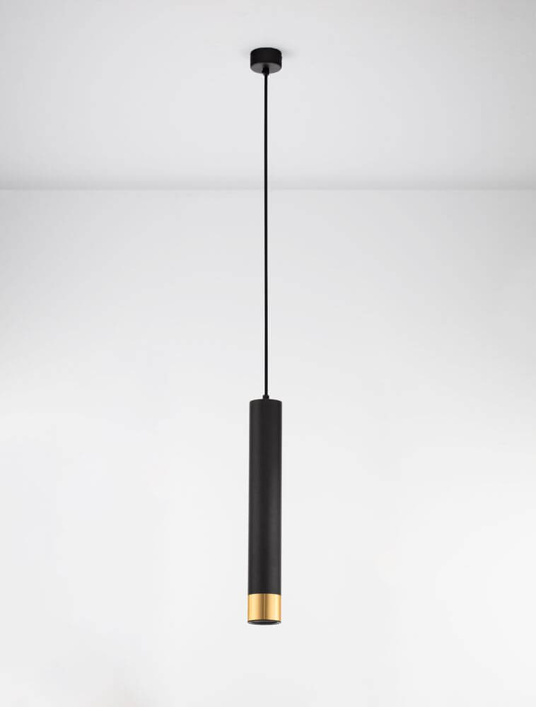 Picto Pendelleuchte GU10 Ø 6cm Schwarz, Gold – schlanke zylinderförmige Hängeleuchte aus mattem Schwarz mit goldener Akzentkante
