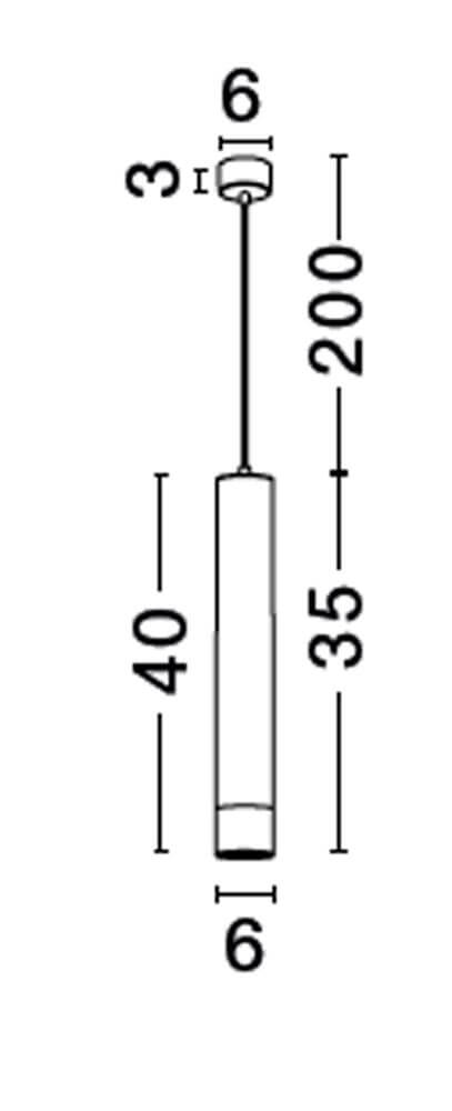 Picto Pendelleuchte GU10 Ø 6cm Schwarz, Gold - schematische Abmessungen: zylindrischer Schirm 40x6 cm, Kabellänge 200 cm, Deckenbefestigung 6x3 cm
