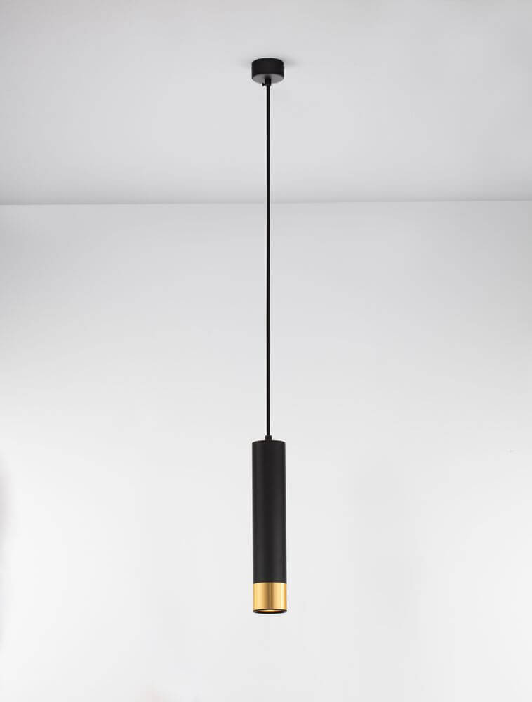 Picto Pendelleuchte GU10 Ø 6cm Schwarz, Gold – schlanker zylindrischer Aluminiumschirm matt schwarz mit goldener Innenkante, modern elegant