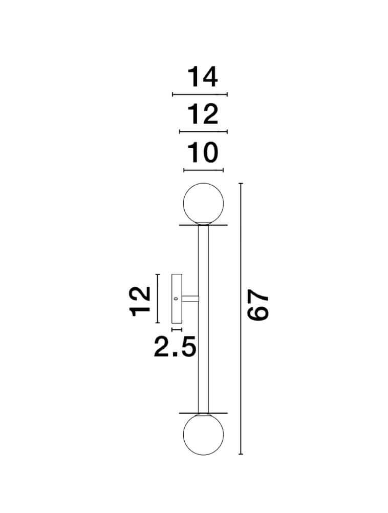 Maßzeichnung der Pielo Wandleuchte G9 H 67cm mit Abmessungen in cm.