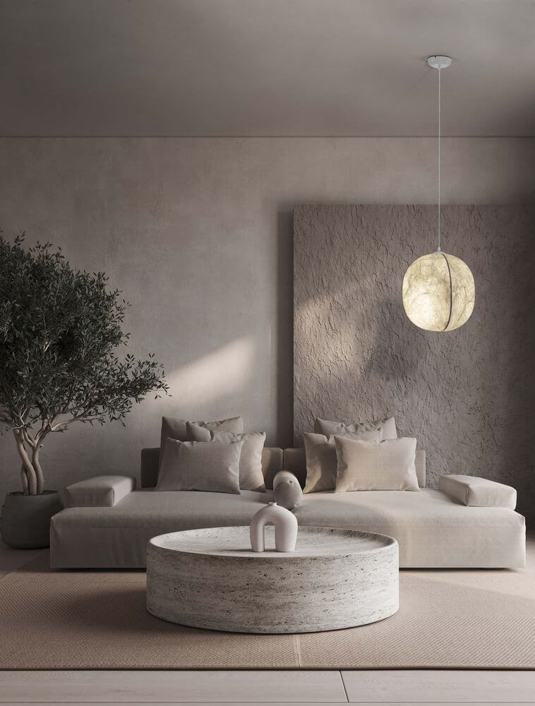Moderne Wohnung mit Pierida Pendelleuchte E27 Weiß über einem eleganten Couchtisch.