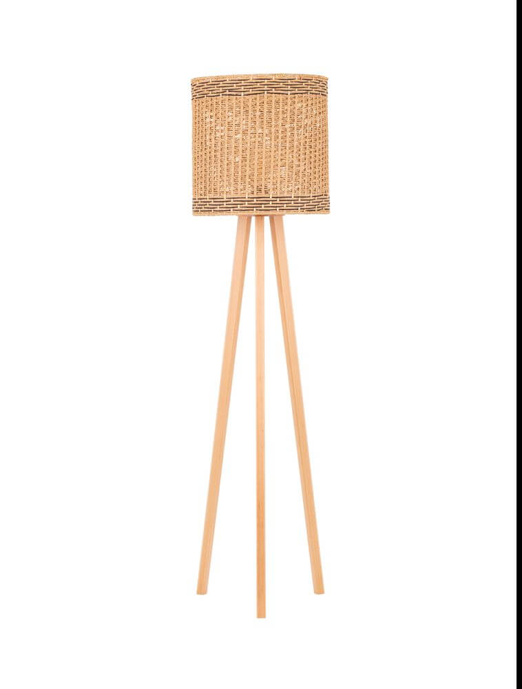 Plette Stehlampe Natur mit naturfarbenem Geflecht aus Wasserhyazinthe und Holzbeinen, perfekt für einladende Räume.